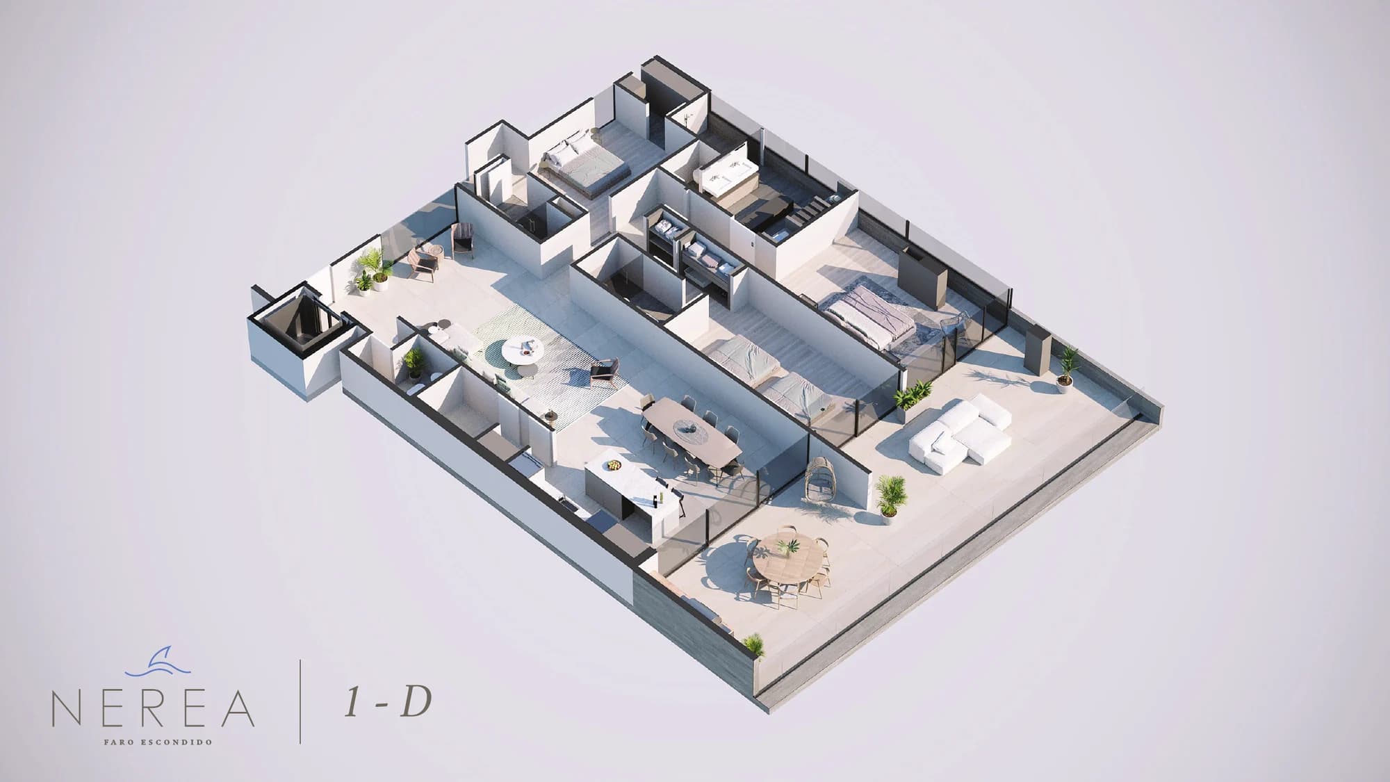 Plano isométrico del apartamento Nerea, unidad 1-D